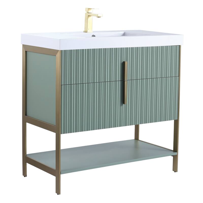 Fine Fixtures Serenity Modern Bathroom Vanity with White Gel Acrylic Top - Mint Green - Brass Hardware - 36 inch