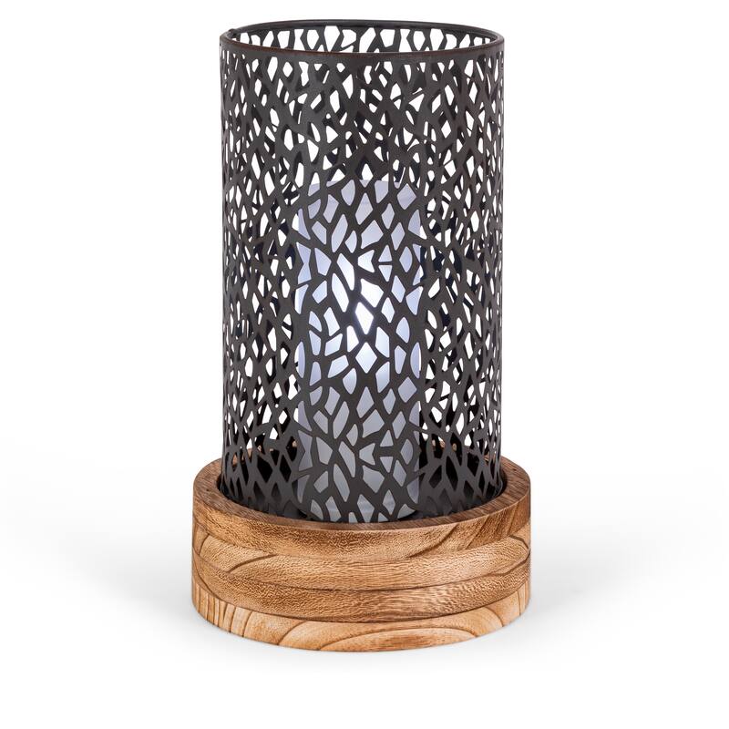 12.2 in H Metal Rustic Brown Cylinder Lantern with Wooden Base