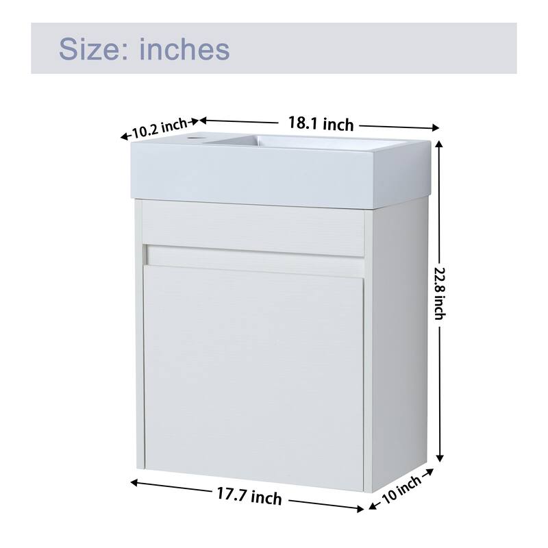 Malwee 18" Floating Bathroom Vanity, Mini Wall Mounted Bathroom Vanity, Single with Resin Sink and Soft Close Door