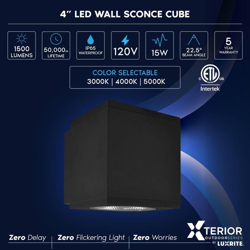 Luxrite LED Outdoor Cube Wall Light, Up or Down Black Wall Sconce, 3CCT 3000K-5000K, 15W, Aluminum, IP65, ETL 2-Pack