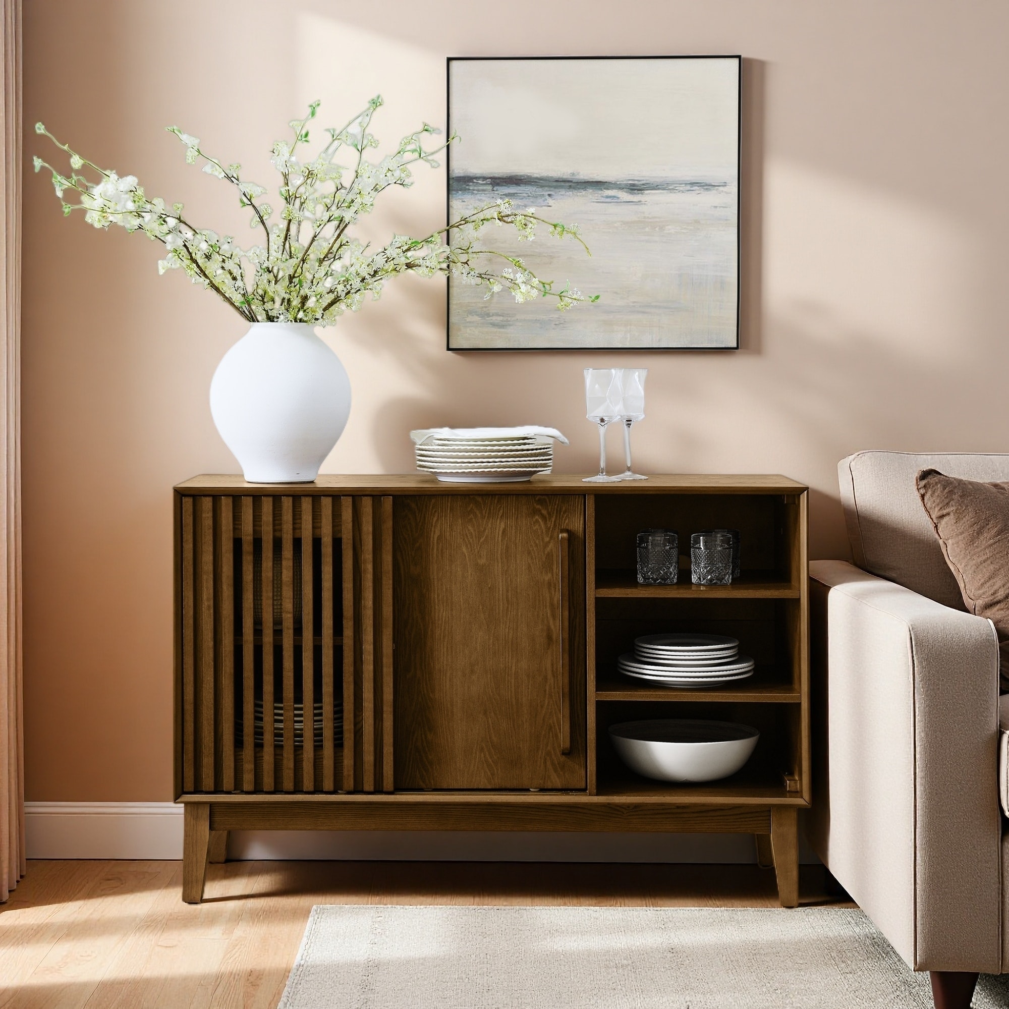 47.3" Farmhouse Sideboard Buffet with 2 Doors, Solid Wood Feet, Rattan Design, Storage Cabinet with Outlet Holes