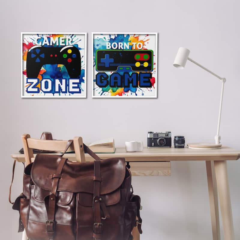 Stupell Gamer Zone on Splash Framed Giclee Art Design By Kim Allen (Set of 2)