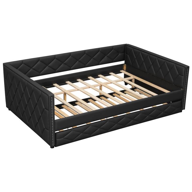 Full XL Upholstered Daybed with Trundle and LED Armrests