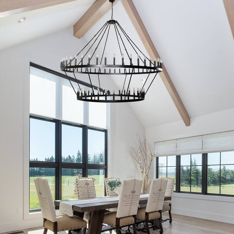 Large Modern Farmhouse Candle Chandeliers 2 Tier Black Wagon Wheel Chandeliers