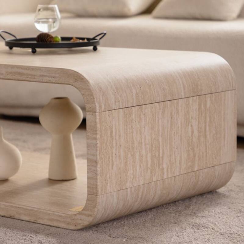 Modern Elegant Curved Light Wood Coffee Table with Open Storage & Open Frame for Contemporary Living Room