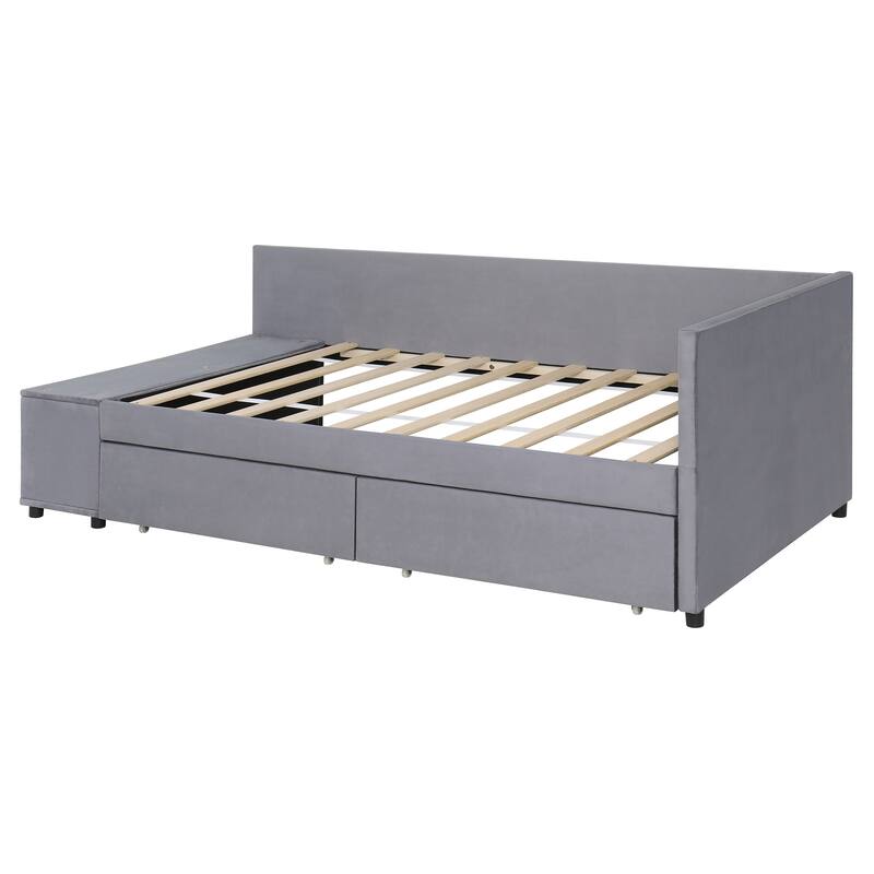 Twin Size L-Shaped Upholstered Platform Bed with Storage and Drawers in Gray