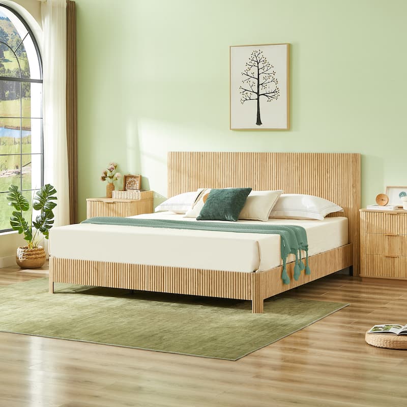 Low Profile Platform Bed, Wooden Corrugated Curved Lines Headboard Wingback Bed, Metal Slat Support Bed Frame