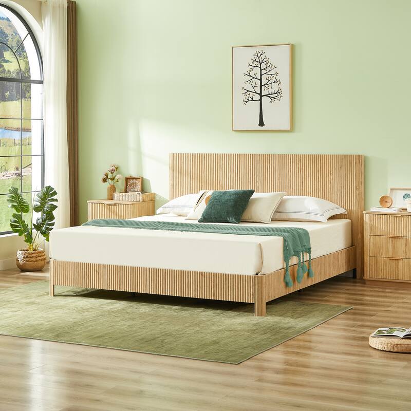 Wooden Corrugated Bed Frame Contemporary Rustic Platform Bed with 44.5" High Headboard/Metal Tubes Support/No Box Spring Needed - Oak - King