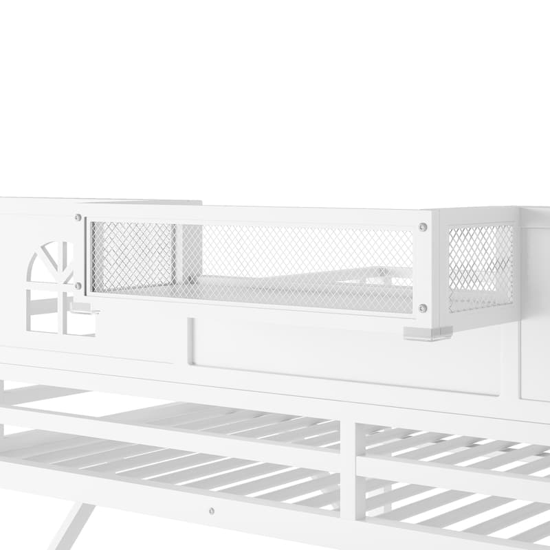 White High Loft Bed Frame with Storage Stairs and Wardrobe, Loft Metal Frame Bed with High House Shaped Guardrails for Kid Teens