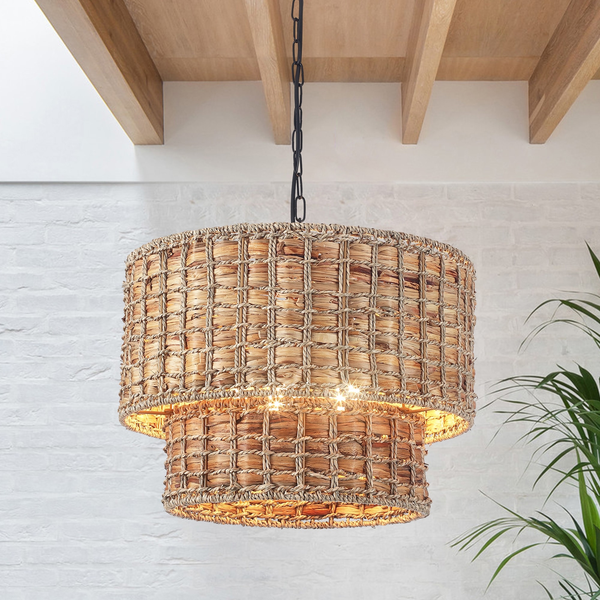 18.9 in. 5 Light Hemp Rope Weaving Drum Chandelier Bohemian Style Chandelier Handwoven Semi Flush Mount Chandelier On Sale Bed Bath Beyond 40328927