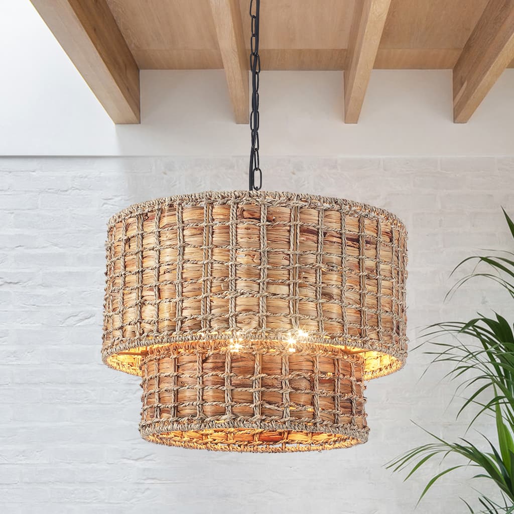 18.9 in. 5-Light Hemp Rope Weaving Drum Chandelier, Bohemian Style Chandelier, Handwoven Semi Flush Mount Chandelier
