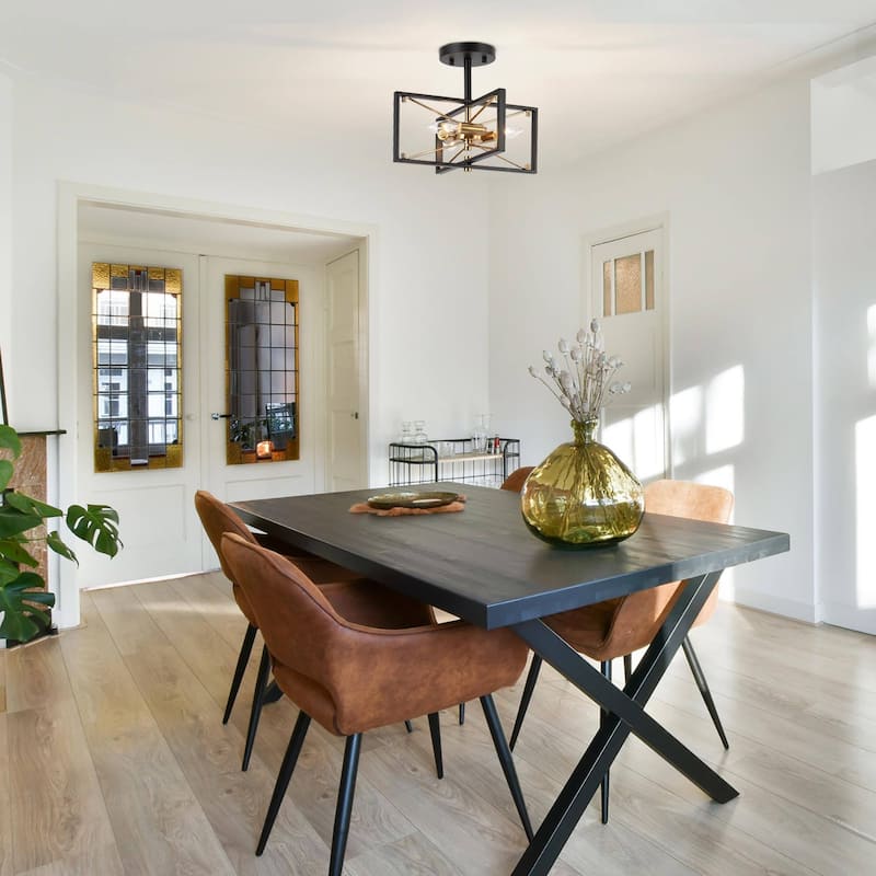 Modern Black Gold 3-Light Sputnik Semi-Flush Mount Ceiling Light Cage Starburst Chandeliers - 13"L x 10.5"H