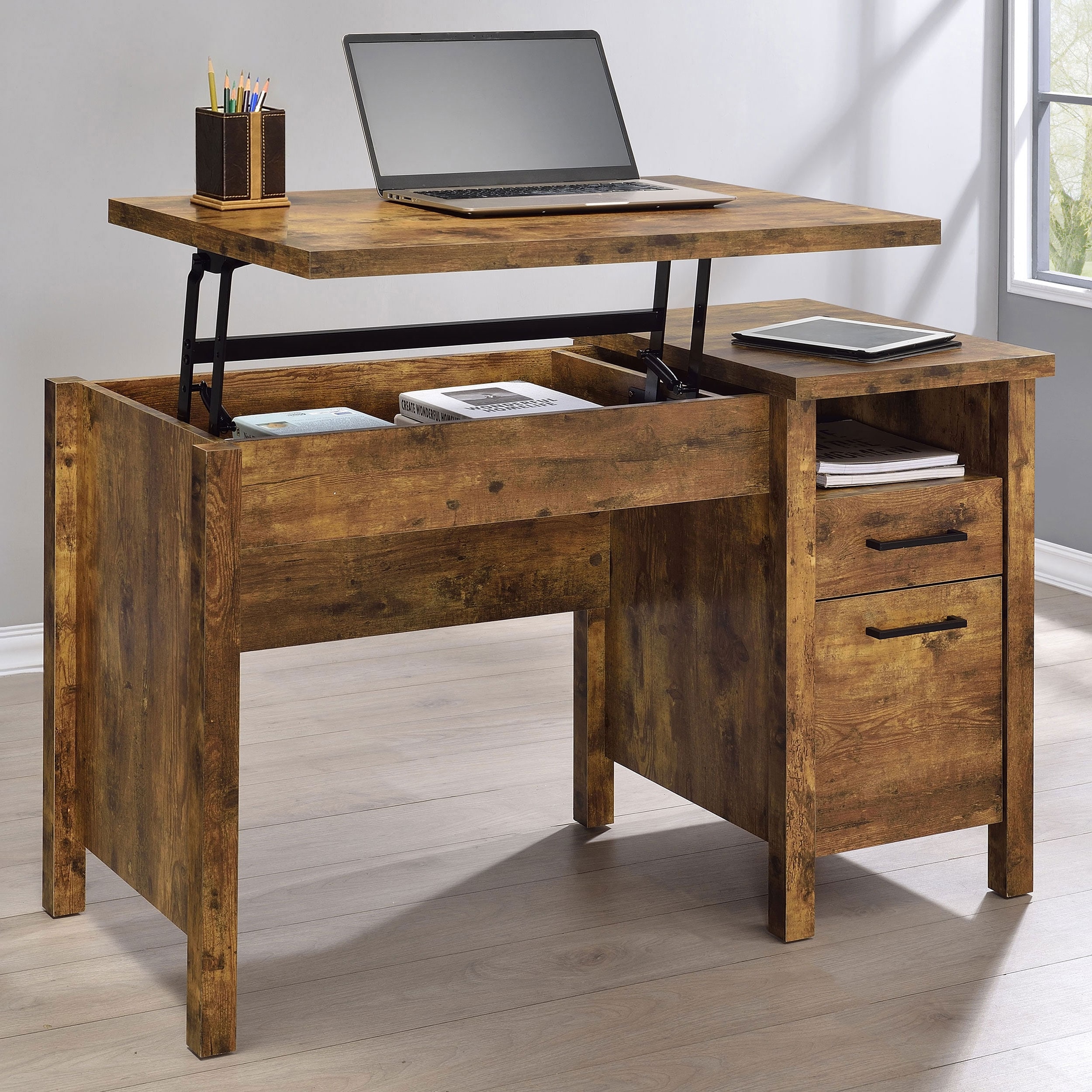 Rustic Nutmeg Lift Top Office Desk