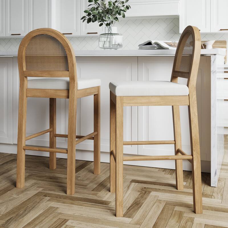 Bailey Boucle Upholstered Rattan Bar Stool or Counter Height Stool with Natural Rattan Woven Back For Kitchen Island