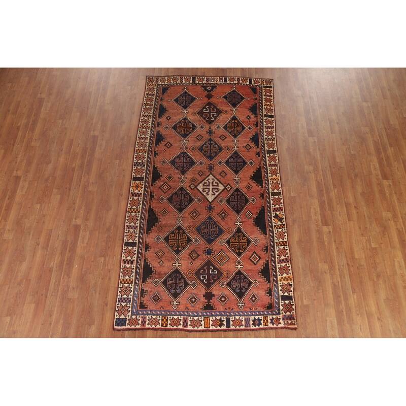 Hand Knotted Oriental 100% Wool Carpet Traditional Geometric Oranges & Rust Qashqai Area Rug - 9' 1'' X 4' 9''