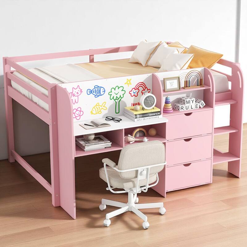 Full Loft Bed with Built-in Desk, Bookshelf, Storage Cabinets, Ladder and Whiteboard, Space-Saving Design