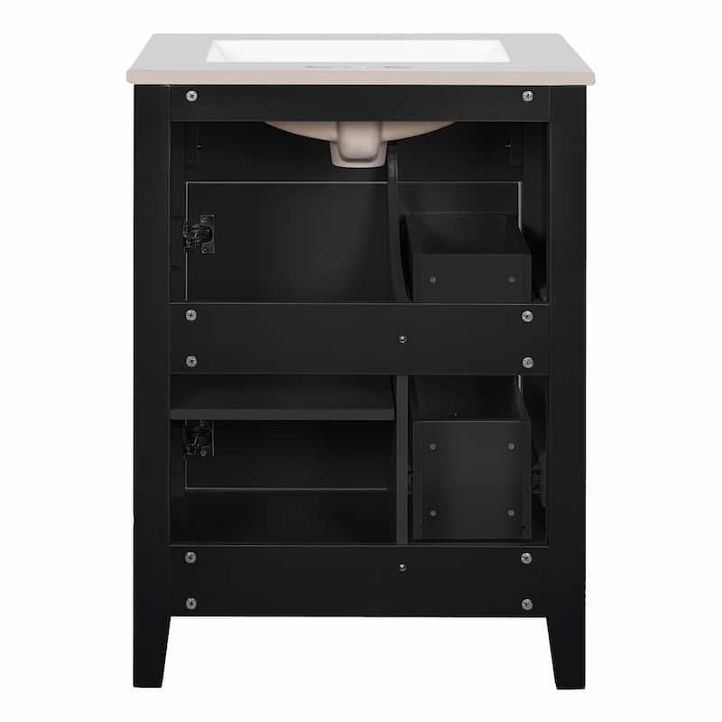 24" Modern Bathroom Vanity with Ceramic Basin - Restroom Sink Cabinet with 2 Drawers