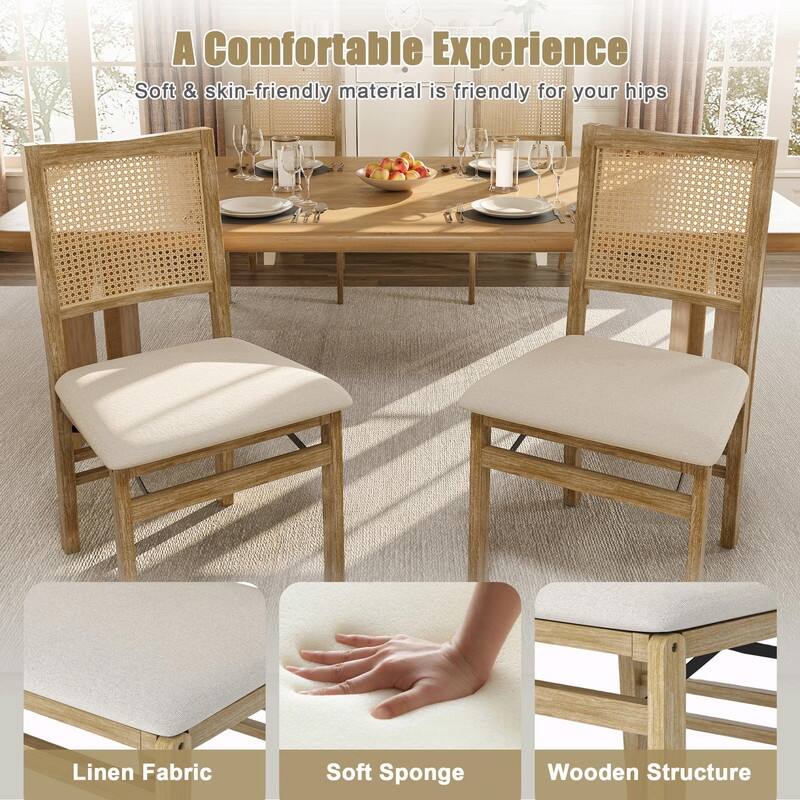 Scandinavian Woven Back Wooden Dining Chairs, Set of 2, Solid Wood Frame with Cushioned Seat