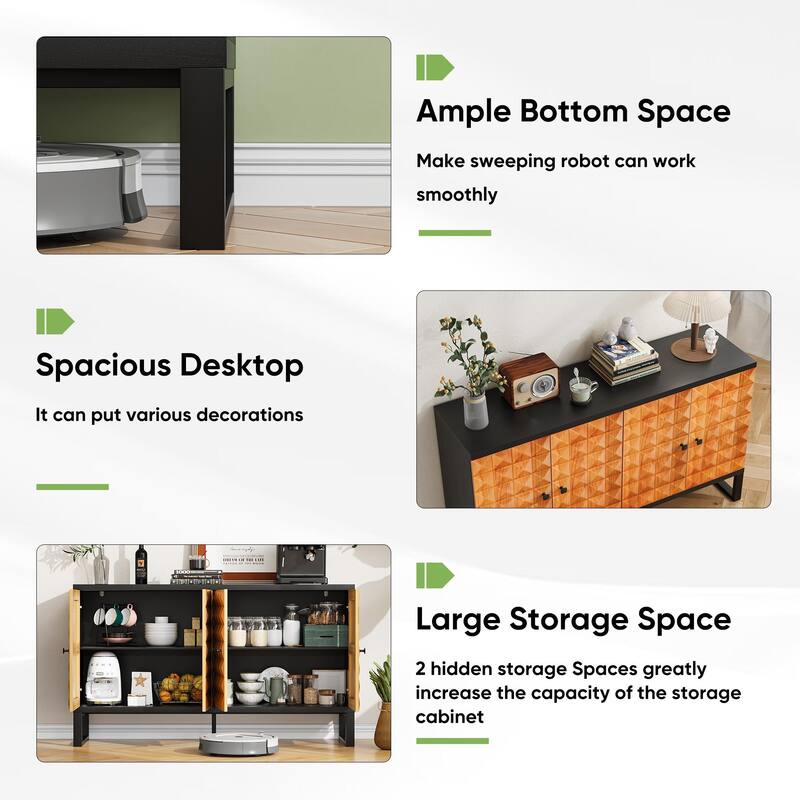 Four Door Sideboard Buffet Cabinet Accent Cabinet with Geometric Patterns, Wooden Storage Cabinet TV Console Table