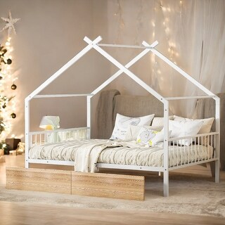 Metal Full Size House Bed with Two Drawers
