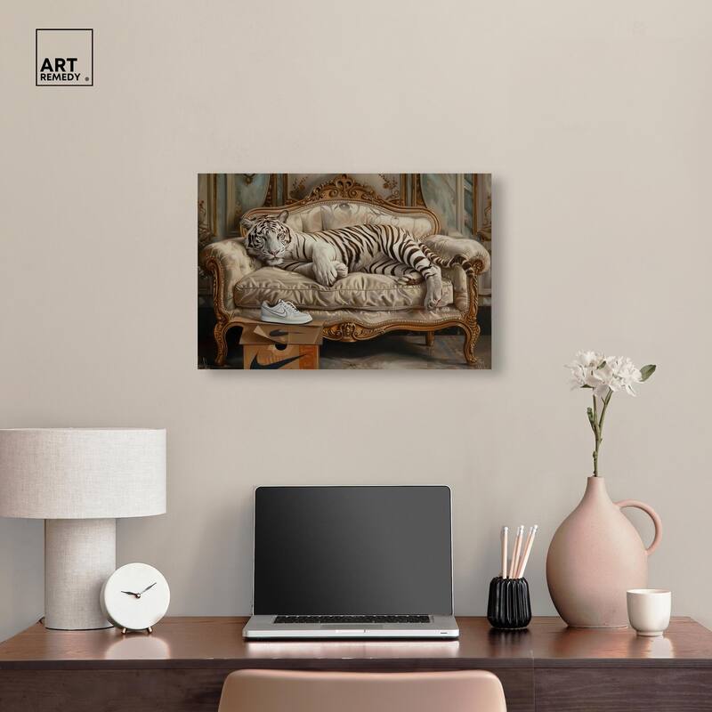 Lounging Sneaker Tiger Canvas by Art Remedy, Gallery Wrapped