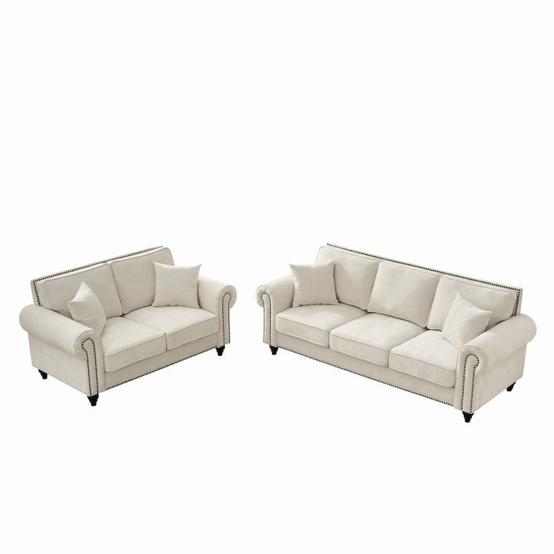 Chenille Upholstered Loveseat Sofa & 3 Seater Couch Set with Nailheads