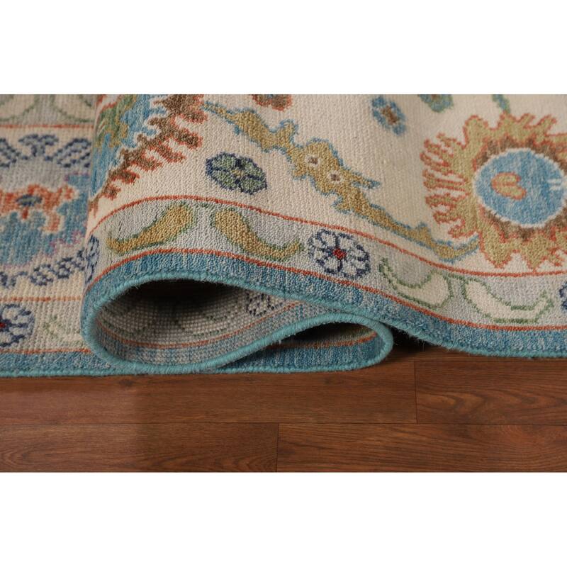 Light Blue & Ivory Floral Oushak Indian Rug Hand-Knotted Wool Carpet - 8'8"x 11'9"