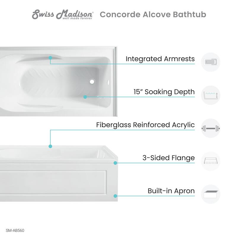 Swiss Madison SM-AB560 Concorde 60" Three Wall Alcove Acrylic Soaking