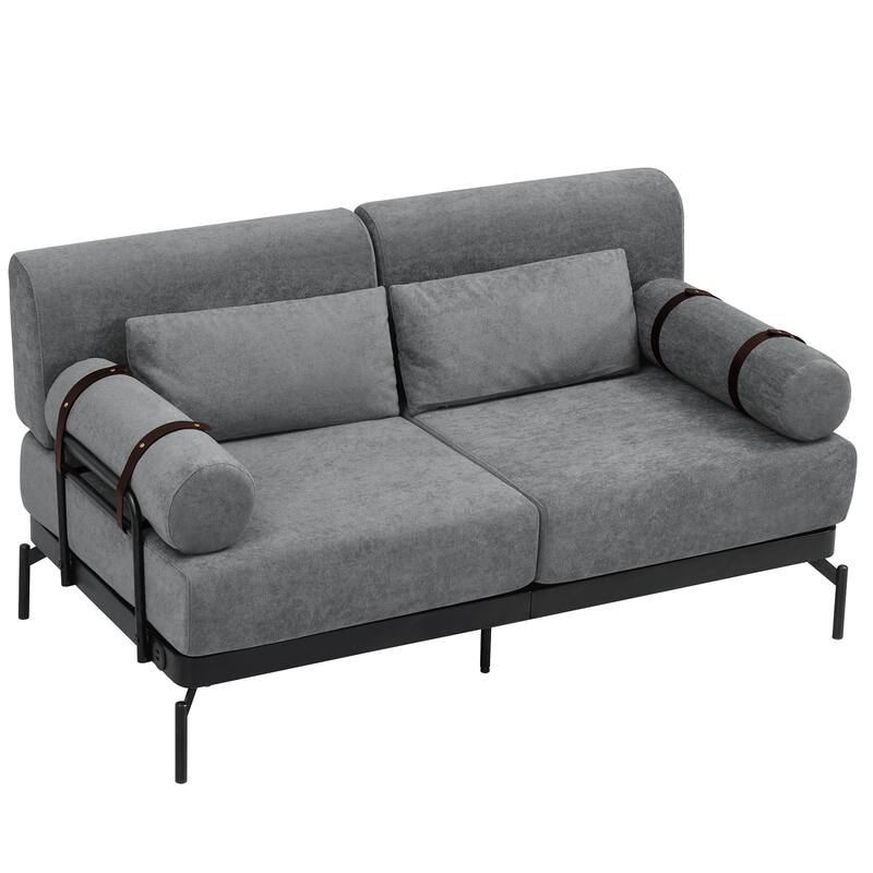 Chenille Loveseat Sofa, 59" 2 Seater Sofa with USB Ports, Round Arms, Adjustable Faux Leather Straps for Living Room