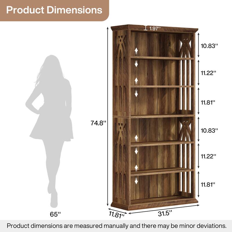 7-Tier Wood Bookshelf, 75 Inch Tall Bookcase Display Shelves