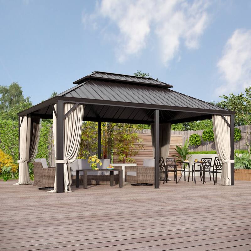 MAISON ARTS 14x20' Hardtop Aluminum Galvanized Steel Double Roof Gazebo with Netting & Curtains