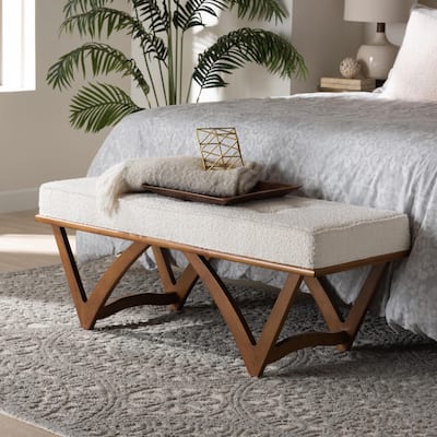Chenoa Japandi Cream Boucle Fabric and Walnut Brown Finished Wood Bench