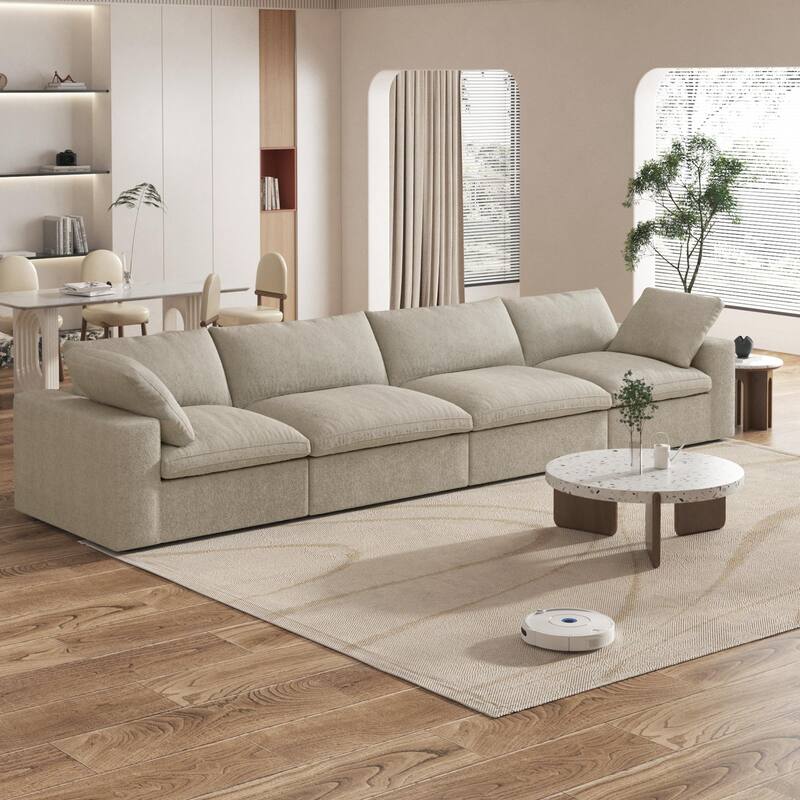 160'' Modern Linen Upholstery 4 Piece Sectional Sofa Minimalism Commix Down Filled Modular Couches - Khaki