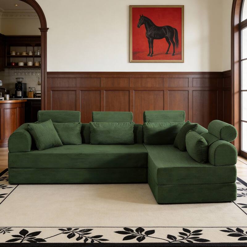 Oversized Convertible Sleeper Sofa Bed, L Shape Modular Sectional Cloud Sofa with Fixed-Shape Frame, Boneless Couch with Pillow