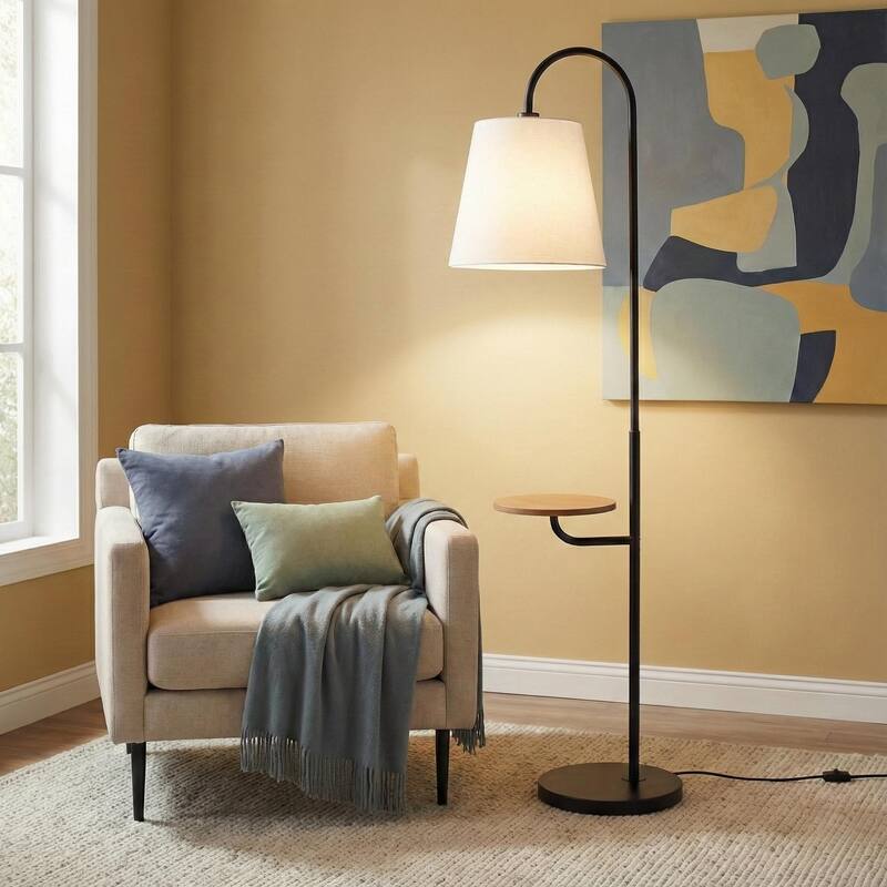 Linda Black Floor Lamp with Built-in Wooden Shelf and Fabric Shade - Black