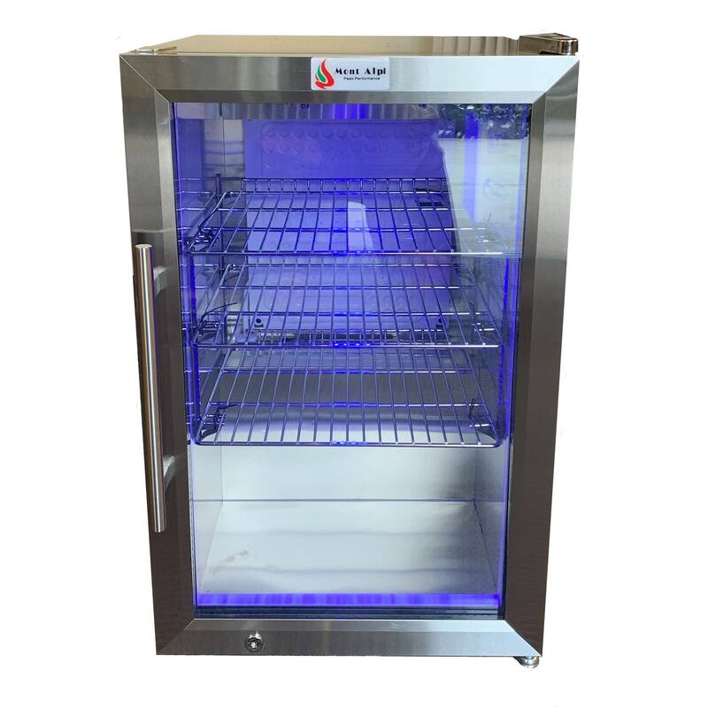 Mont Alpi MAF 2.7 Cubic Ft Stainless Steel Portable Outdoor Rated Glass Door Compact Lockable Refrigerator with Blue Lighting - Stainless Steel