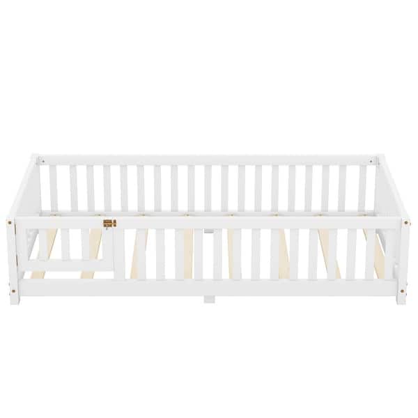 slide 2 of 8, Twin Size Bed Floor Bed with Safety Guardrails and Door for Kids, White White - Twin