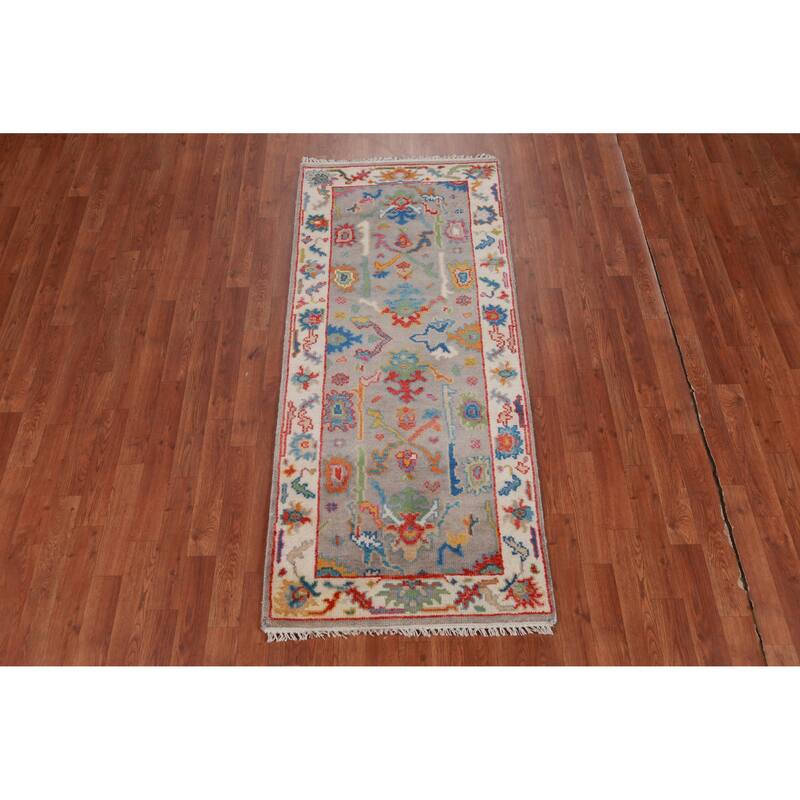 Gray Ivory Oushak Oriental Rug Handmade Wool Carpet - 2'7" x 6'0"