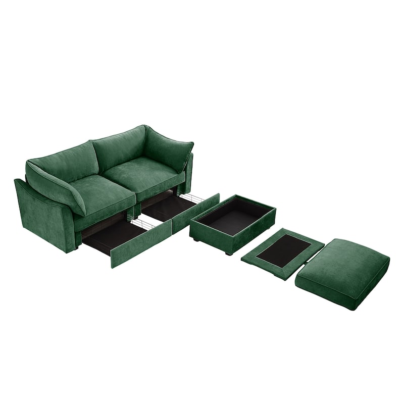 2-Seater Loveseat with 1 Movable Ottoman & Pull out Storage Drawer Under Seat