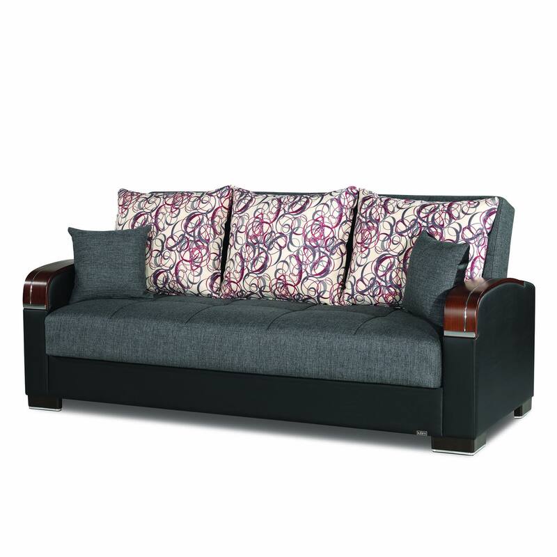 HomeRoots 87" Gray Polyester Convertible Futon Sleeper Sofa And Toss Pillows With Storage