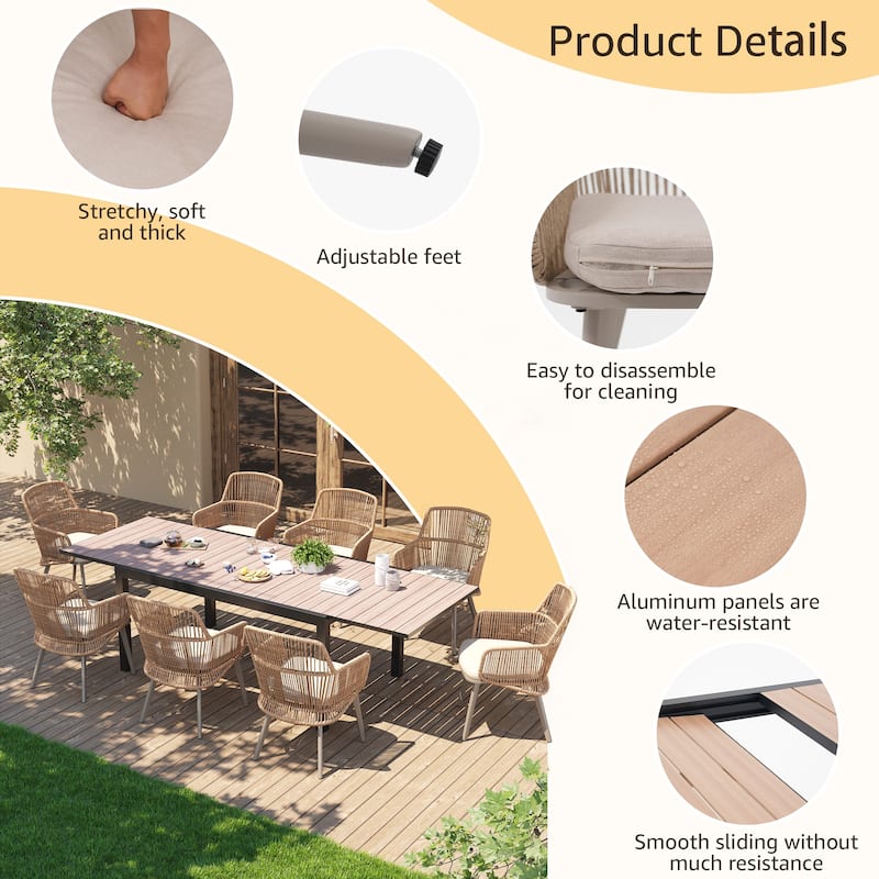 Outdoor Patio Dining Sets with PE Wicker Chairs and Extendable Aluminum Dining Table for 8 Persons