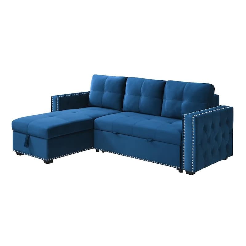 Morden Fort Reversible L-Shaped Sofa Bed with Storage - Velvet Upholstery, Button Tufting, and Nailhead Trim