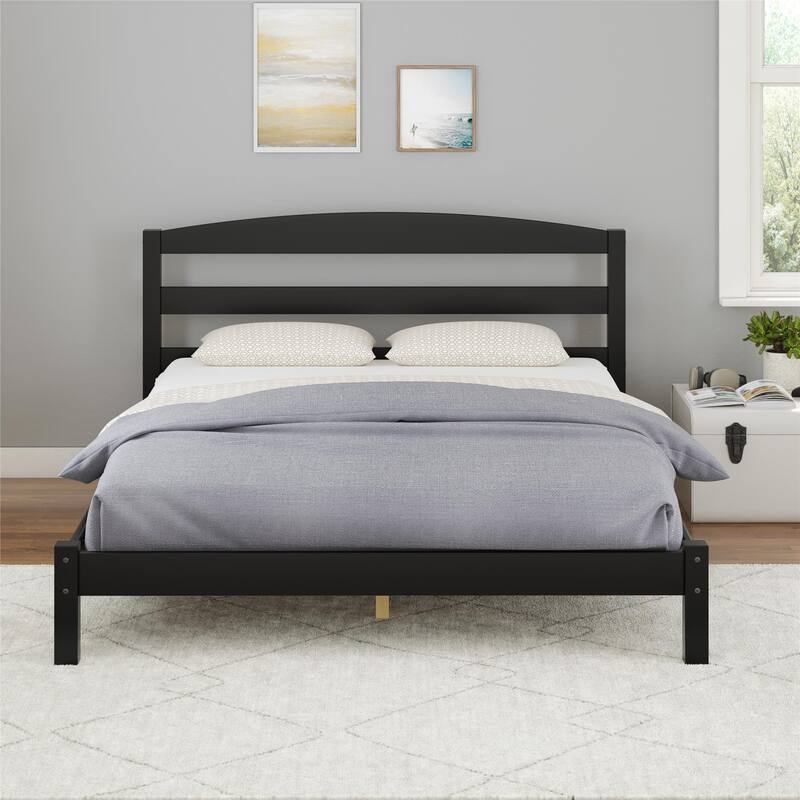 Roomfitters Leighton Solid Pine Wood Platform Bed Frame with Arched Headboard, Full, Black