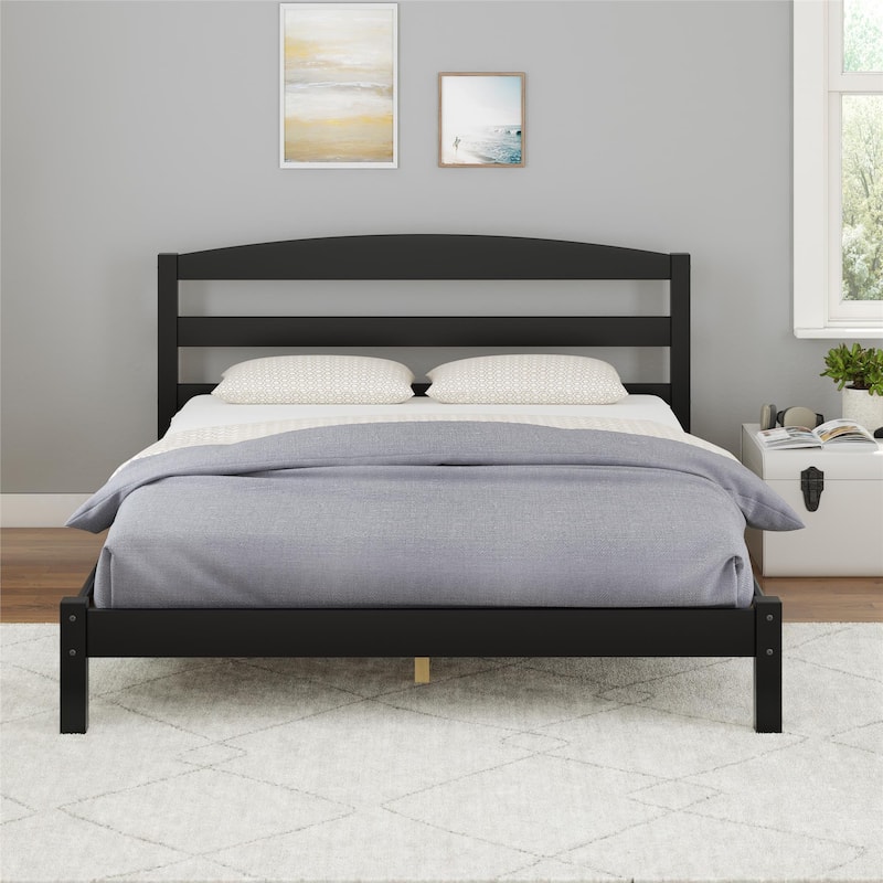 Solid Wood Platform Bed with Open Panel Headboard and Square Block Legs
