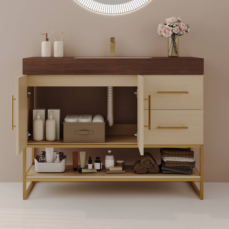 GDFStudio - Luxury 36" Freestanding Sintered Stone Bathroom Vanity with Seamless Ceramic Sink, Open Storage & Soft-Close Drawers