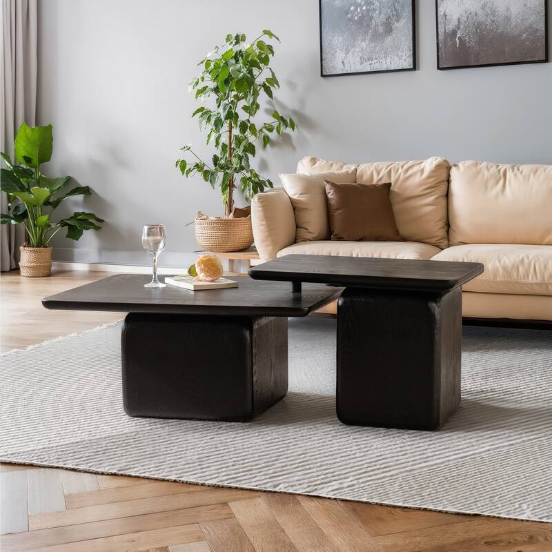 Vintage Coffee Table Set, Stylish Square Coffee Table with Wood Grain Finish for Living Room, Black, Set of 2