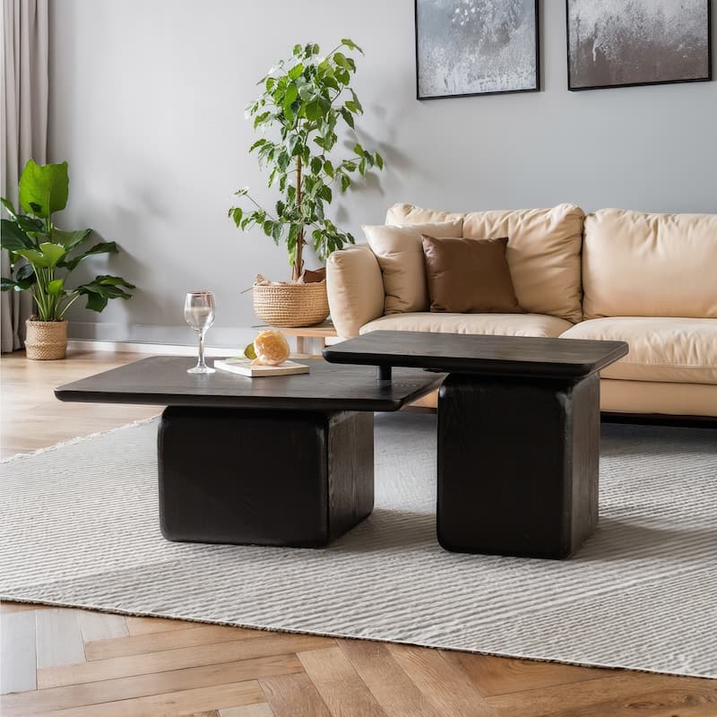 Vintage Fashion Style Square Coffee Table Set with Wood Grain Finish(Set of 2)