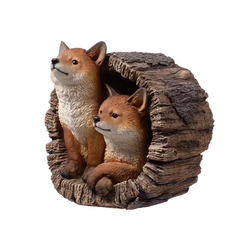 Fox Couple in Stump Outdoor Garden Statue - 11.5"