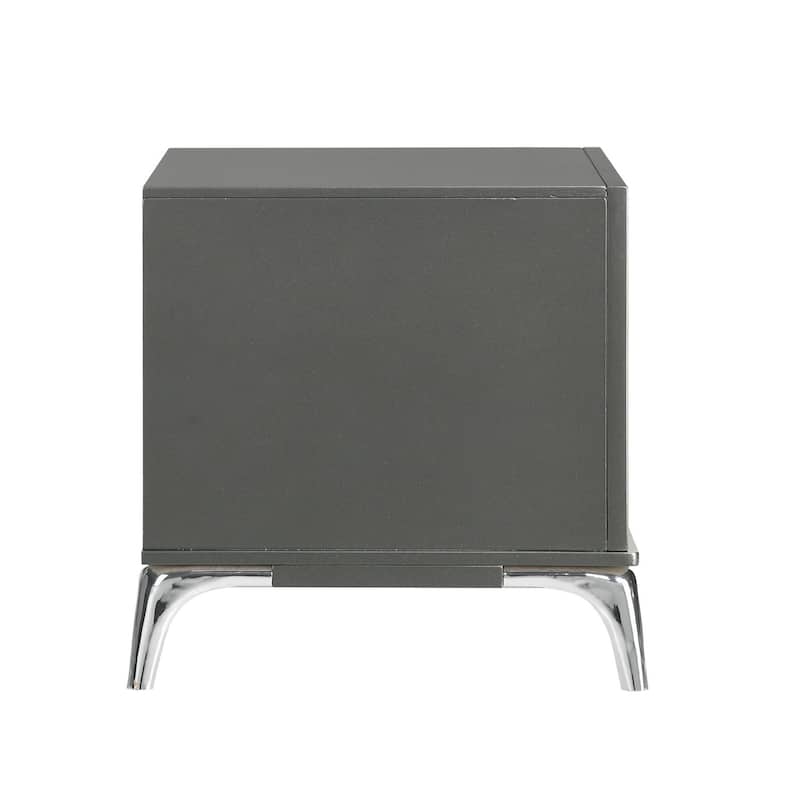 Rya 23 Inch Modern Nightstand with 2 Drawers, Gray Wood, Angled Chrome Legs