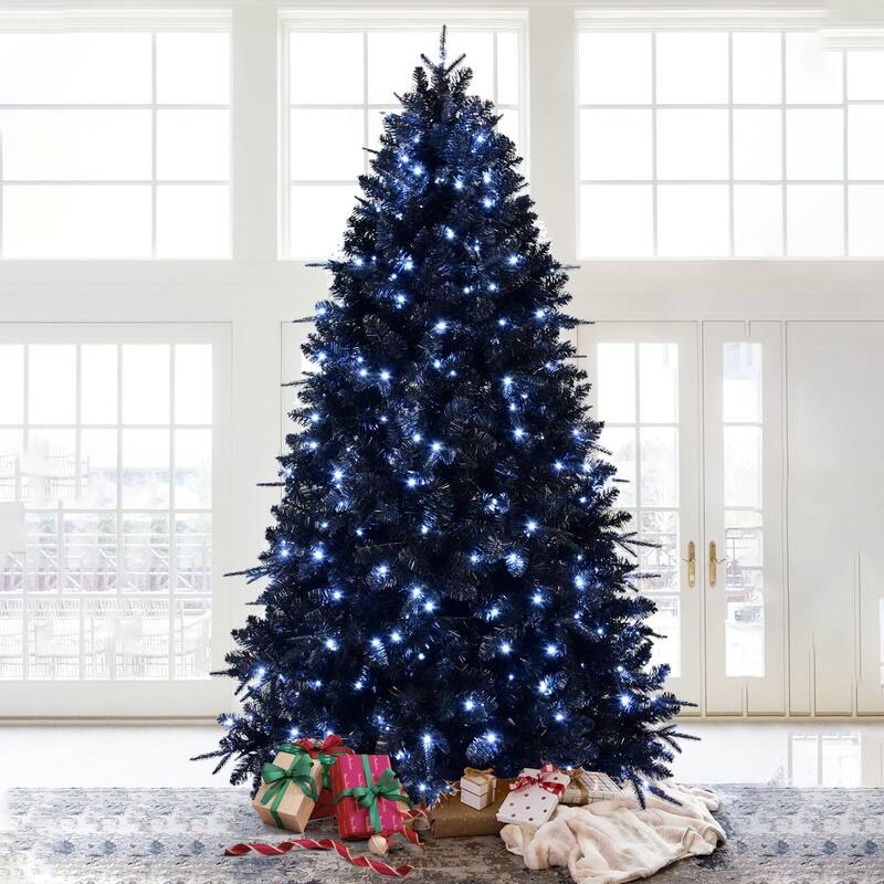 Pre-Lit Black Artificial Christmas Tree - White LED Lights, PE/PVC Branches, Hinged Structure, Metal Stand